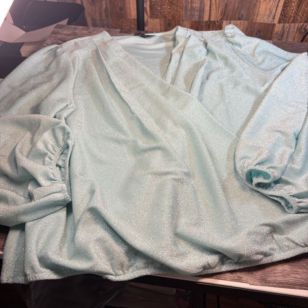Boston Proper Metallic blue Wrap Blouse – Size XL